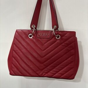 GUESS RED QUILTED SHOULDER BAG WITH SILVER HARDWARE AND MATCHING WALLET